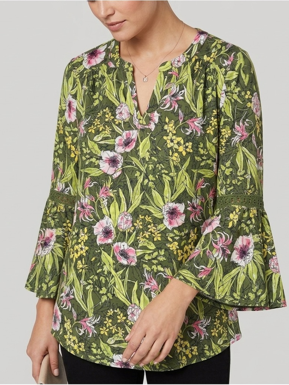 Cato Green Floral Split-Neck Bell Sleeve Tunic
